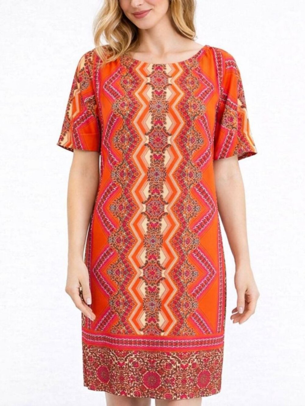 Chicos Women Triangle Floral Shift Dress Coral Fuschia Flounce Sleeve Size 0 | S